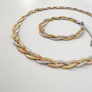 18K Gold Plated woven herringbone necklace stainless steel womens jewelry